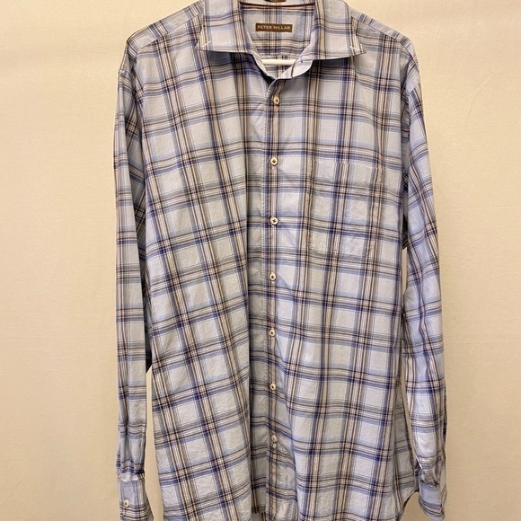Peter Millar Button Down Plaid Summer Shirt, Size Extra Large, Blue / Brown - Picture 3 of 5
